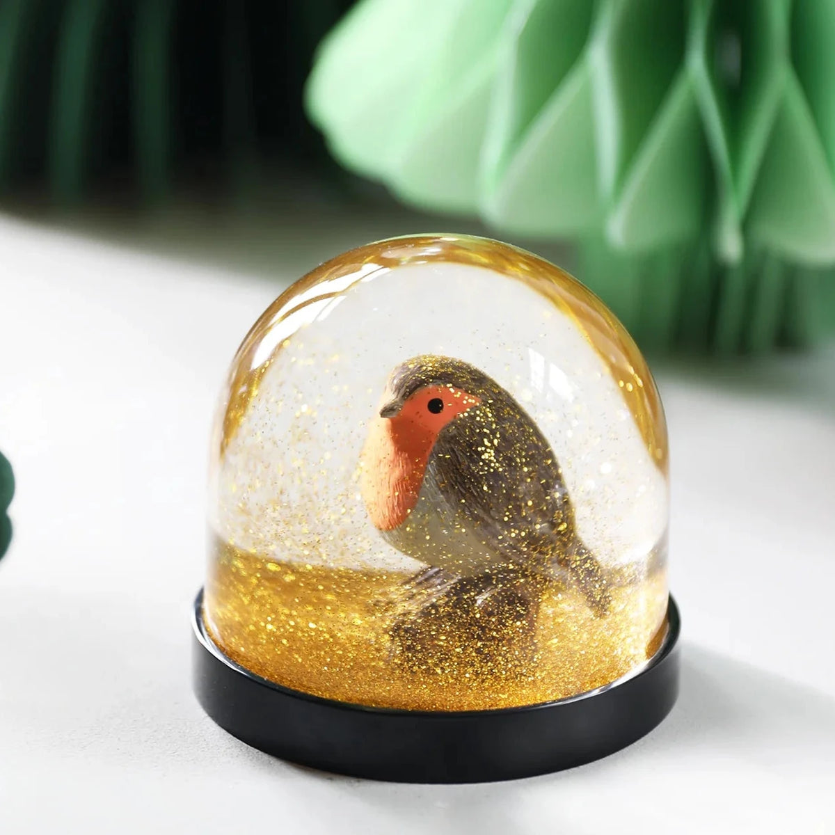 Robin in Gold Glitter Snow Globe